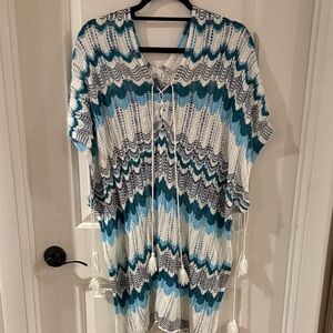 Blue and White Knit Poncho